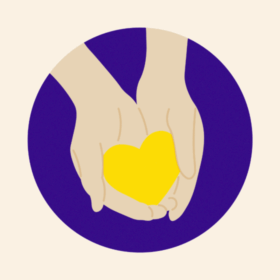 Hands holding a yellow heart in a purple circle.