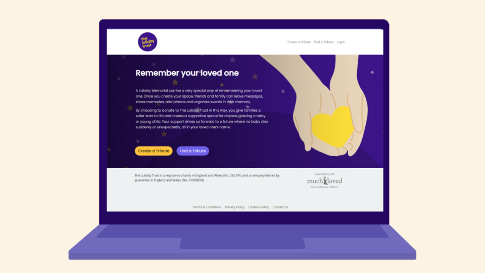 Laptop screen showing the Much Loved website on The Lullaby Trust's page. It says 'Remember your loved one'.