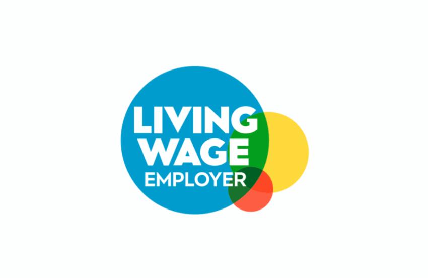 Living wage employer logo. One big blue circle with a smaller yellow circle, and a smaller orange circle next to it, overlapping.