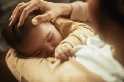 A baby is breastfeeding. They are clutching onto their mother's t-shirt and wear a light yellow top. The mum has the hand gently placed on the baby's head.