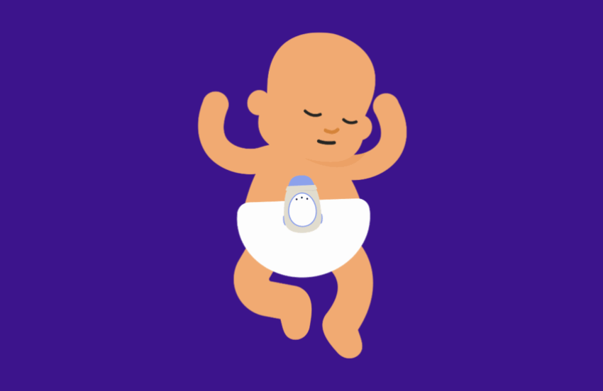 An illustrated baby is sleeping. They have fair skin and wear a nappy. On their nappy is a movement monitor.