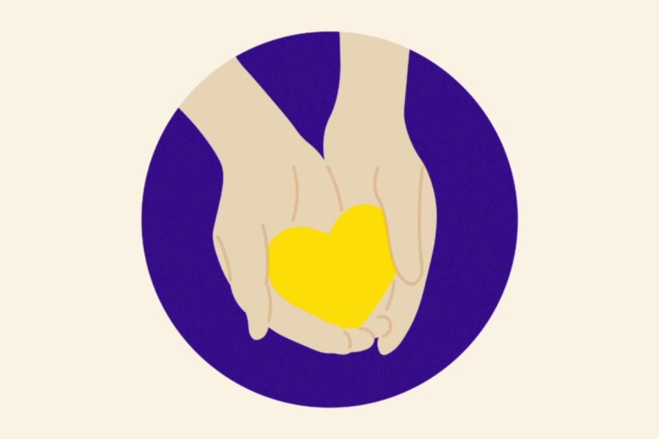 Hands holding a yellow heart in a purple circle.