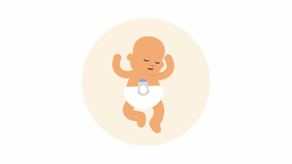 An illustrated baby sleeping in their nappy with a movement monitor clipped onto the monitor.
