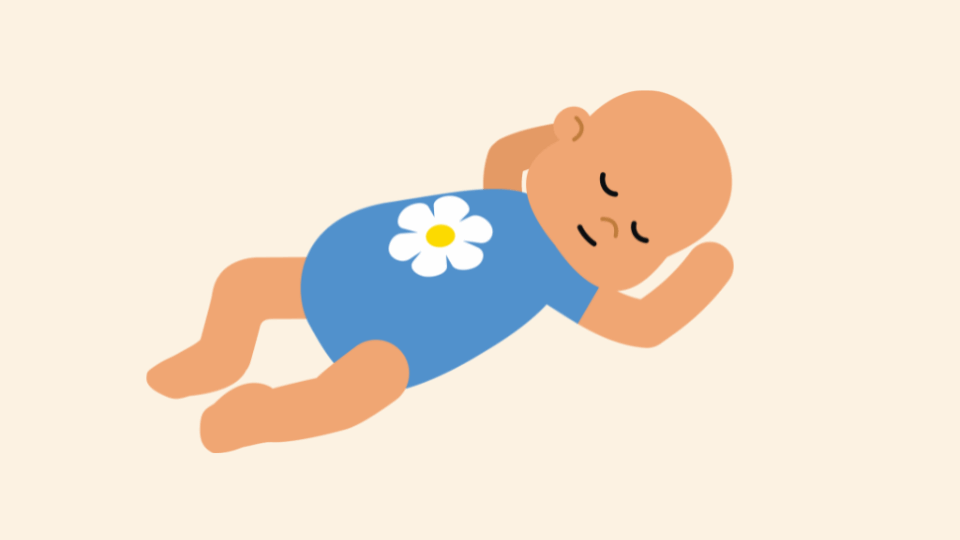 Illustration of a baby sleeping wearing a flower onesie.