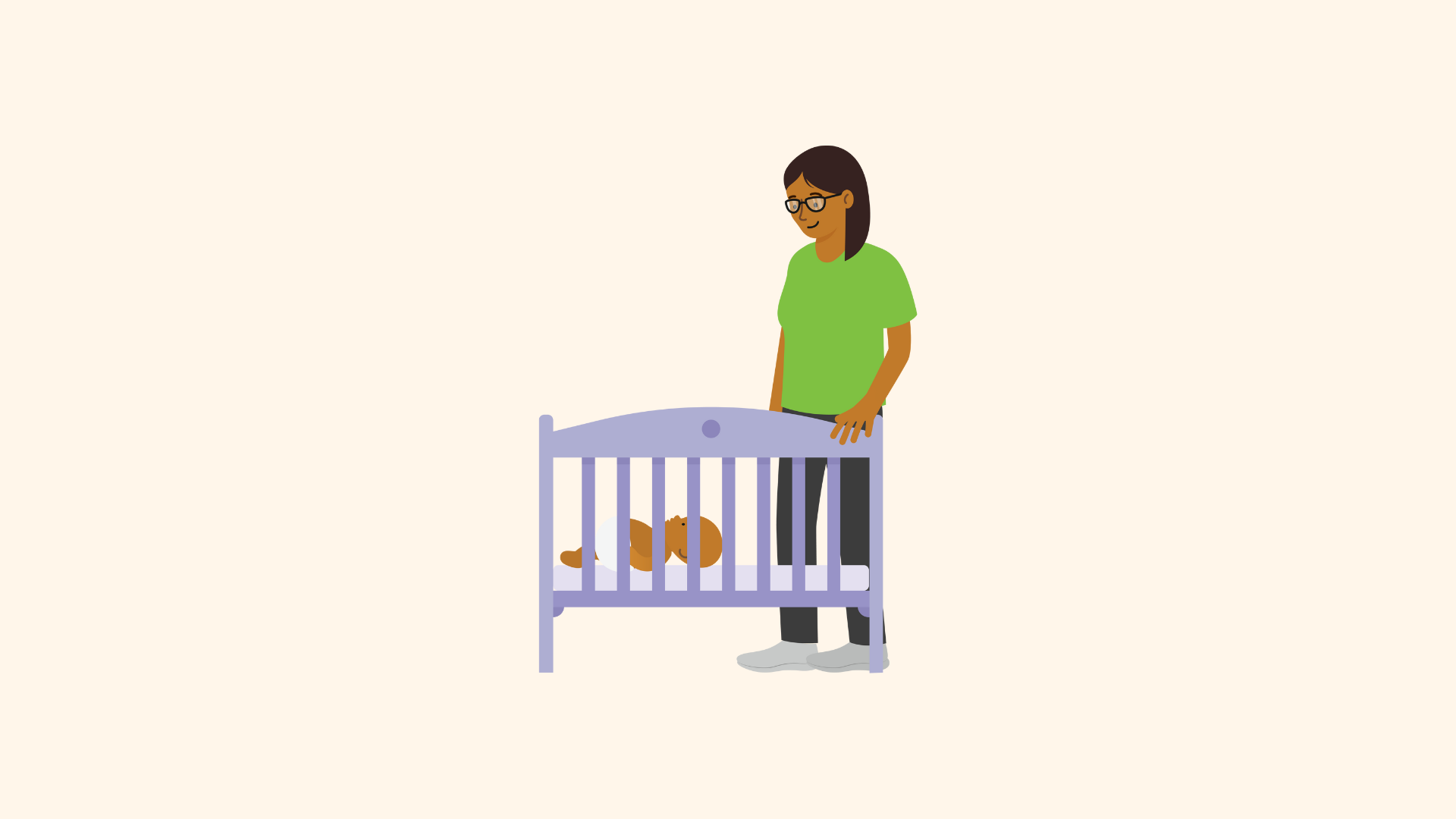 Baby in a cot with their parent standing next to them.