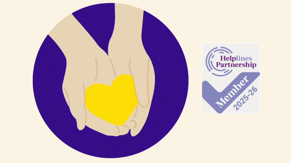 Hand holding yellow heart. Beside it is the Helplines Partnership logo.
