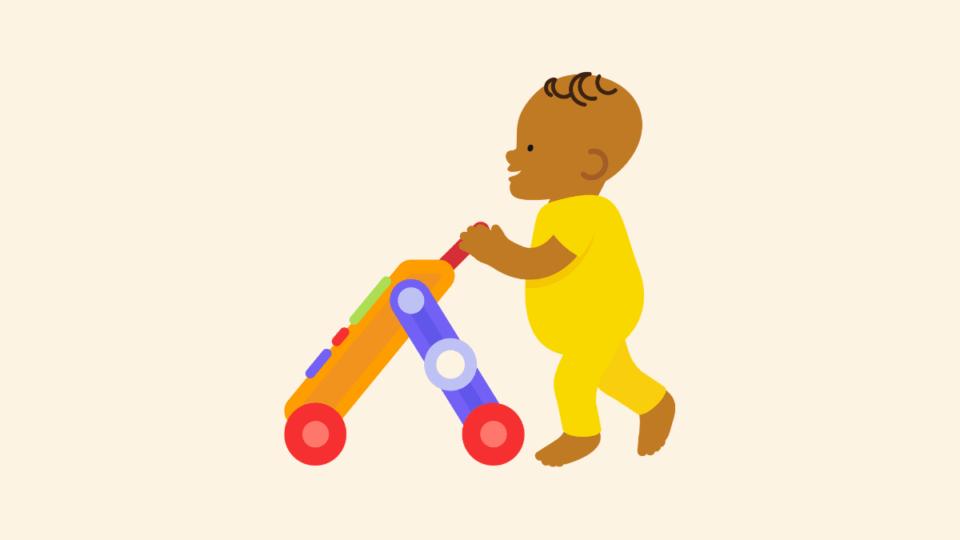 Illustrated baby in a yellow baby grow, standing up pushing along a toy.