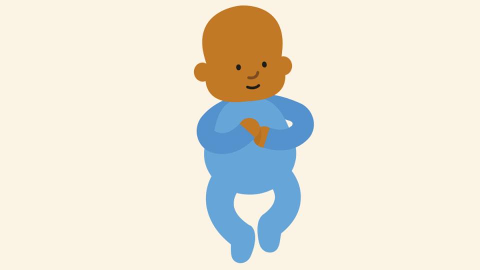 Illustration of an awake baby in a blue babygrow.