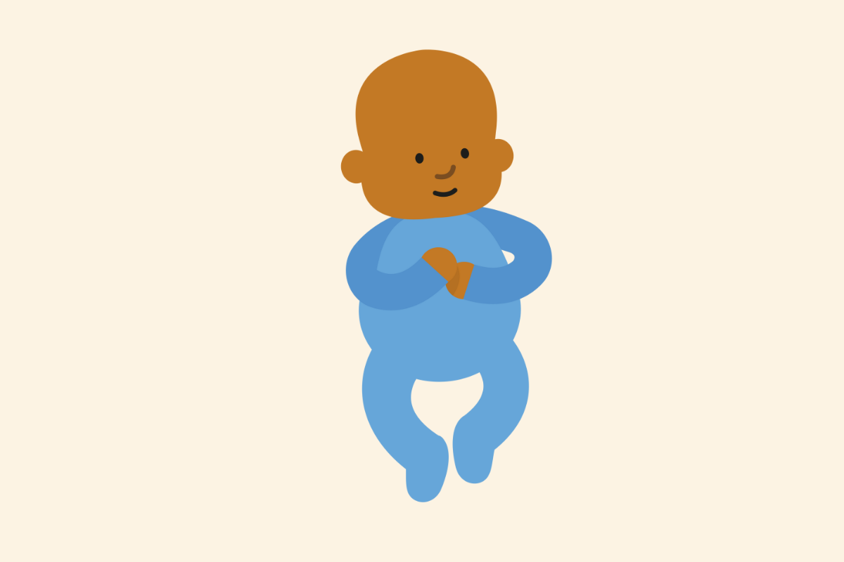 Illustration of an awake baby in a blue babygrow.