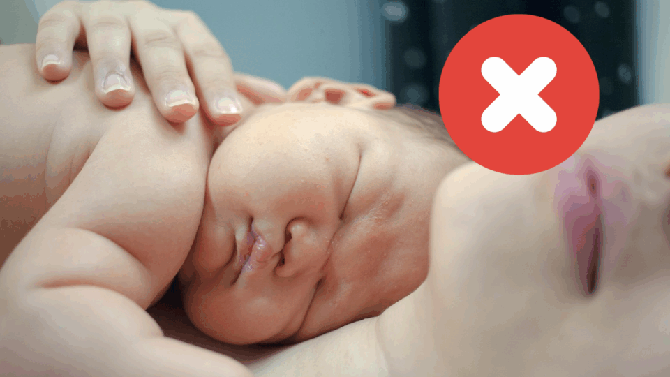 Baby sleeping on front on mother's chest, not following safer sleep guidance. Red cross in the top right corner to signify this isn't a safer sleep position.