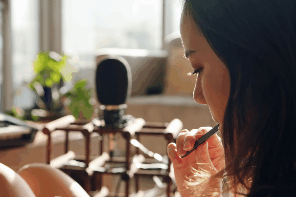 A woman is looking down at something on her lap, sat in her home whilst vaping.
