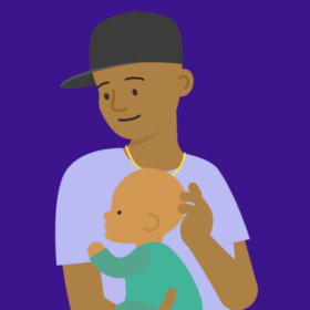 An illustrated parent is holding his baby with his hand on their head