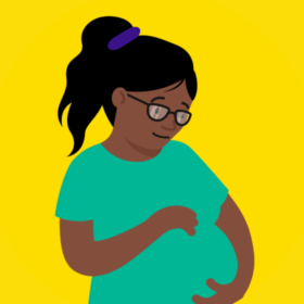 An illustrated pregnant woman is holding her hands on her stomach and looking down at her bump