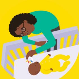 An illustrated woman is leaning over the cot to where her baby is