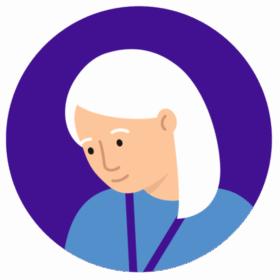 Illustration of a woman wearing blue uniform and a purple lanyard. The woman has grey hair and eyebrows.