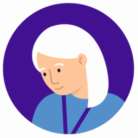 Illustration of a woman wearing blue uniform and a purple lanyard. The woman has grey hair and eyebrows.