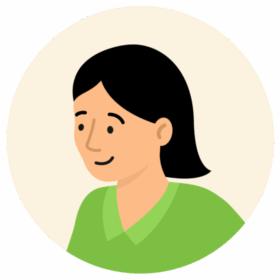 An illustration of a woman wearing green uniform. She has fair skin and black hair.