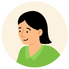 An illustration of a woman wearing green uniform. She has fair skin and black hair.