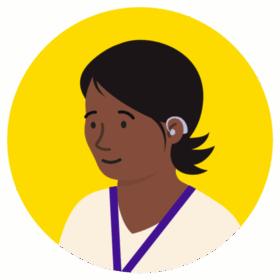 Illustration of a woman wearing a lanyard. She has dark skin and short, flicking hair. She is a hearing aid user.