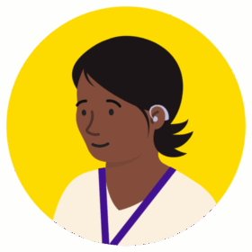 Illustration of a woman wearing a lanyard. She has dark skin and short, flicking hair. She is a hearing aid user.