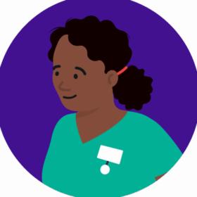 Smiling health professional with dark hair wearing scrubs, on a purple background.