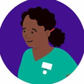 Smiling health professional with dark hair wearing scrubs, on a purple background.