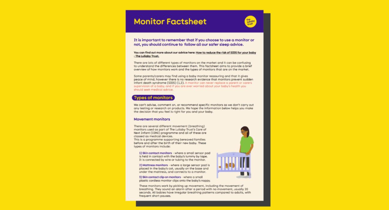 Screenshot of the first page of the monitors factsheet on a yellow background.