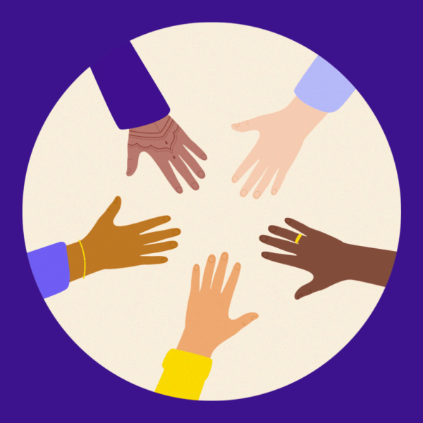 Different hands put together in a circle. Each hand is different, one has henna, some have jewelry, and they are all different skin tones.