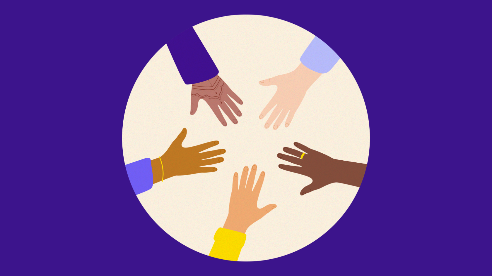 Different hands put together in a circle. Each hand is different, one has henna, some have jewelry, and they are all different skin tones.