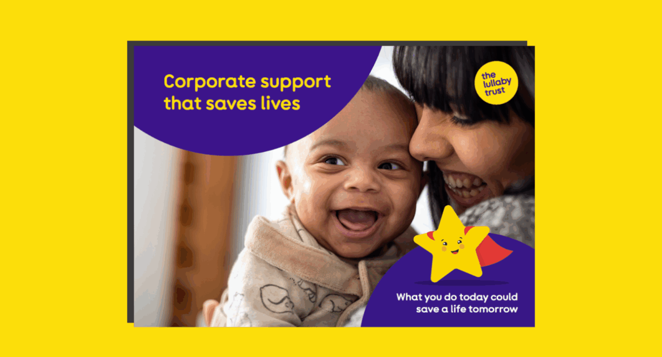 Screenshot of the front cover of the corporate fundraising pack. A mother is holding a baby who is smiling at the camera. Text reads: 'Corporate support that saves lives' and there is a graphic of a yellow star in a cape.