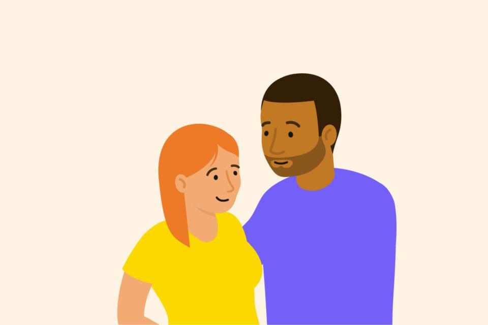 Illustrations of a man and a lady standing beside each other smiling.