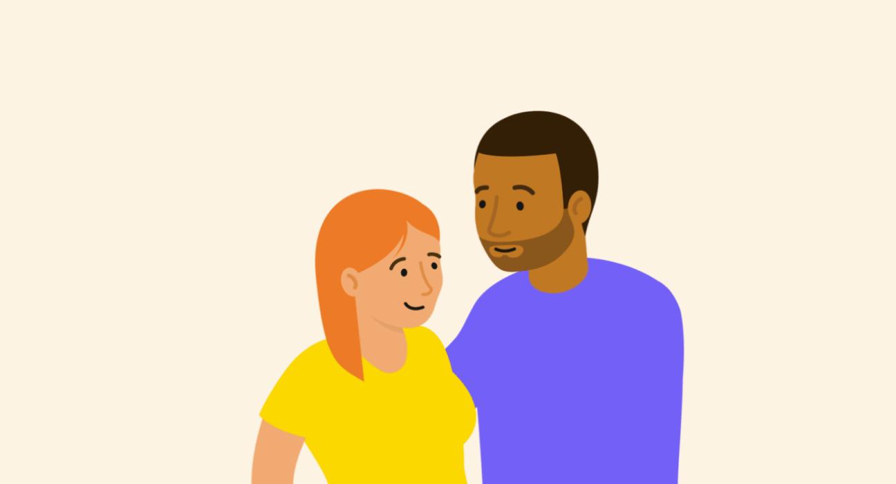 Illustrations of a man and a lady standing beside each other smiling.