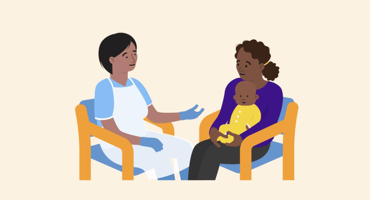 A health professional sitting on a chair, opposite a mum sitting on a chair with her baby on her lap, having a conversation.