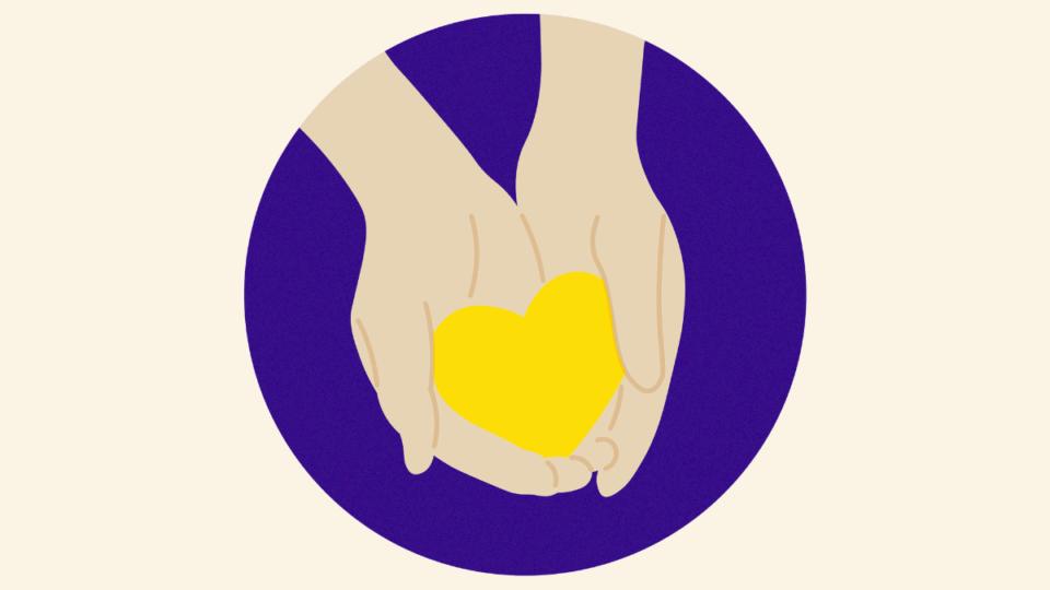 Hands holding a yellow heart in a purple circle.