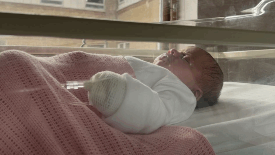 Baby Violet lying in a cot on her back with a pink blanket.
