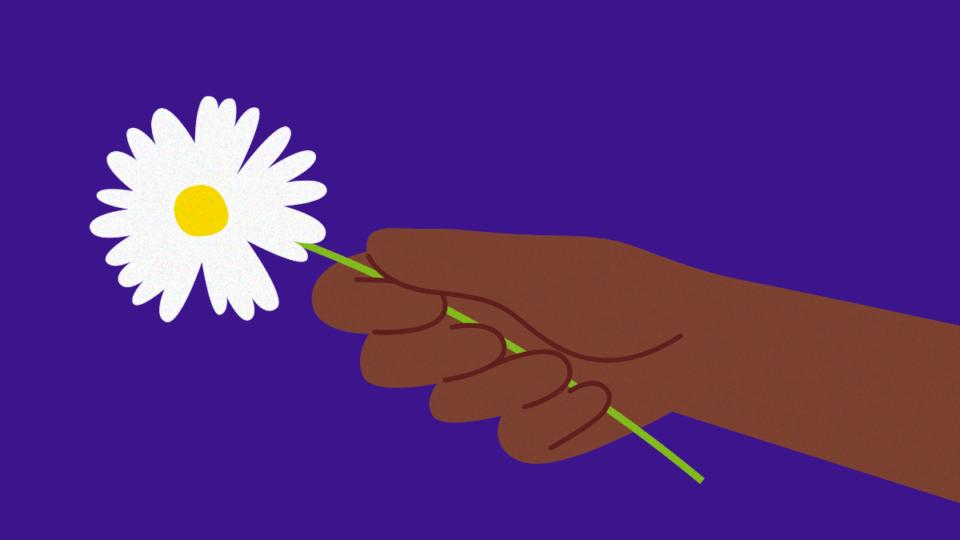 A hand holding a white flower.