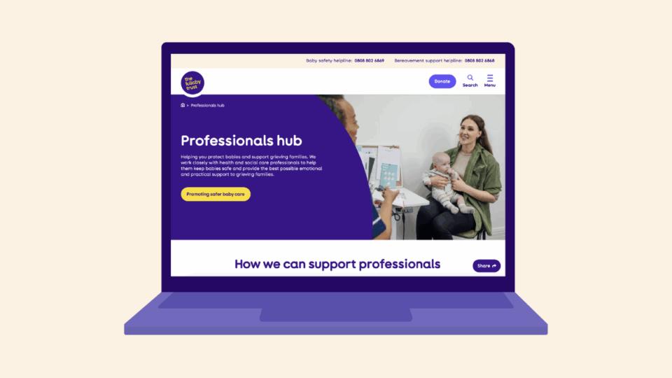 Illustration of a laptop. On the screen, is The Lullaby Trust Professionals' hub.