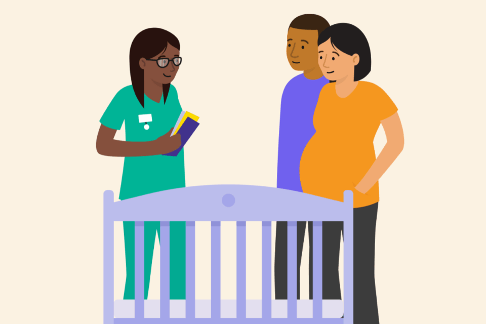 An illustration of a health professional speaking with an expectant couple next to a cot.