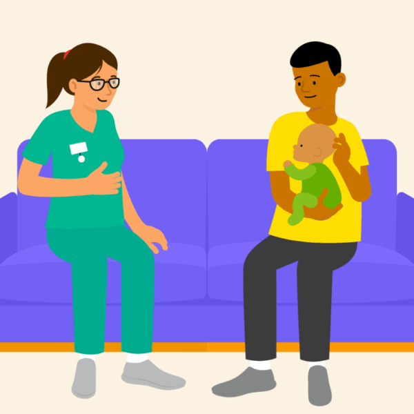 An illustration of a health visitor sitting on the sofa with a dad who is holding a baby.