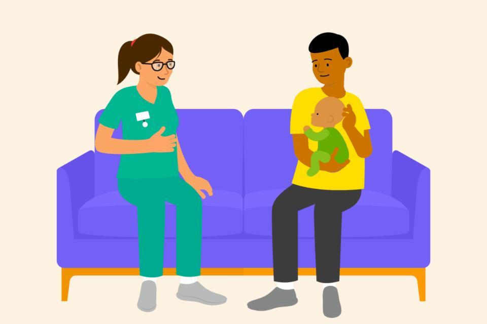 An illustration of a health visitor sitting on the sofa with a dad who is holding a baby.