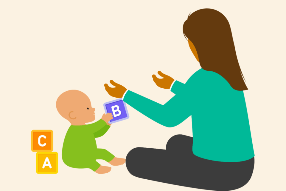 An illustration of an early years practitioner engaging with a young baby, playing with alphabet blocks,