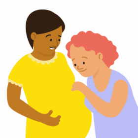 A illustrated couple both looking at the pregnant stomach, one laying their hand on it