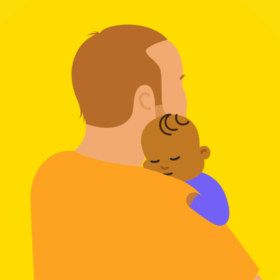 Illustration of a man holding a baby with their head resting on his shoulder