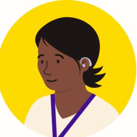 Illustration of a health professional wearing a lanyard. They have dark skin, flicking dark, short hair and a hearing aid,