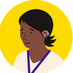 Illustration of a health professional wearing a lanyard. They have dark skin, flicking dark, short hair and a hearing aid,