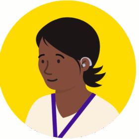 Illustration of a health professional wearing a lanyard. They have dark skin, flicking dark, short hair and a hearing aid,