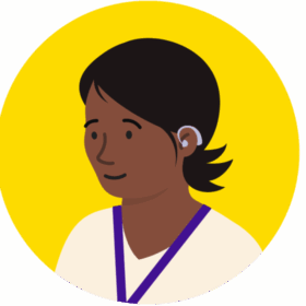 Illustration of a health professional wearing a lanyard. They have dark skin, flicking dark, short hair and a hearing aid,