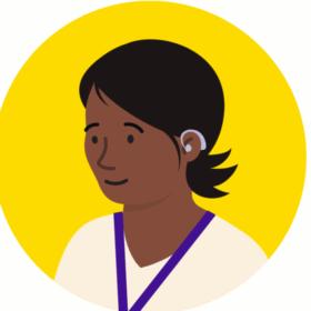 Illustration of a health professional wearing a lanyard. They have dark skin, flicking dark, short hair and a hearing aid,