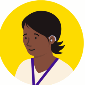 Illustration of a health professional wearing a lanyard. They have dark skin, flicking dark, short hair and a hearing aid,