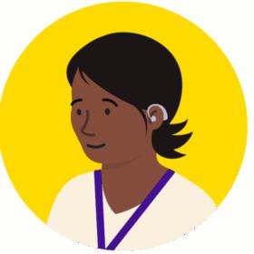 Illustration of a health professional wearing a lanyard. They have dark skin, flicking dark, short hair and a hearing aid,